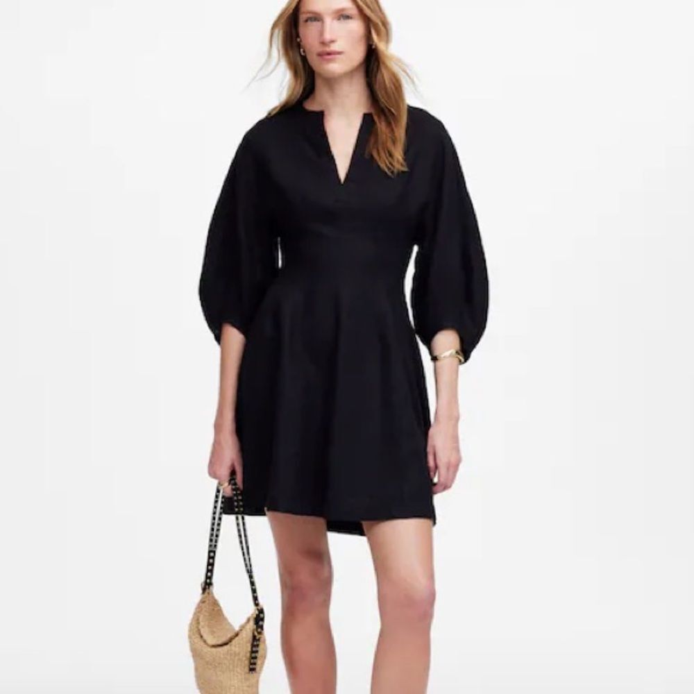 MADEWELL Black Splitneck Mini Dress in 100% Linen Size 8 - Picture 2 of 6